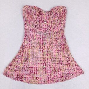 Fashion Nova Strapless Pink Tweed Mini Dress with Multicolor Accents